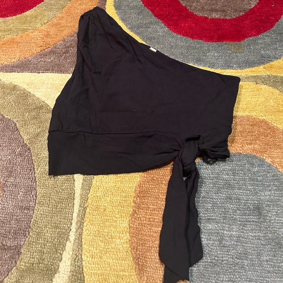 Free People Carmen One Shoulder Cropped Tank Top Black Side Tie Size Large - Picture 1 of 3